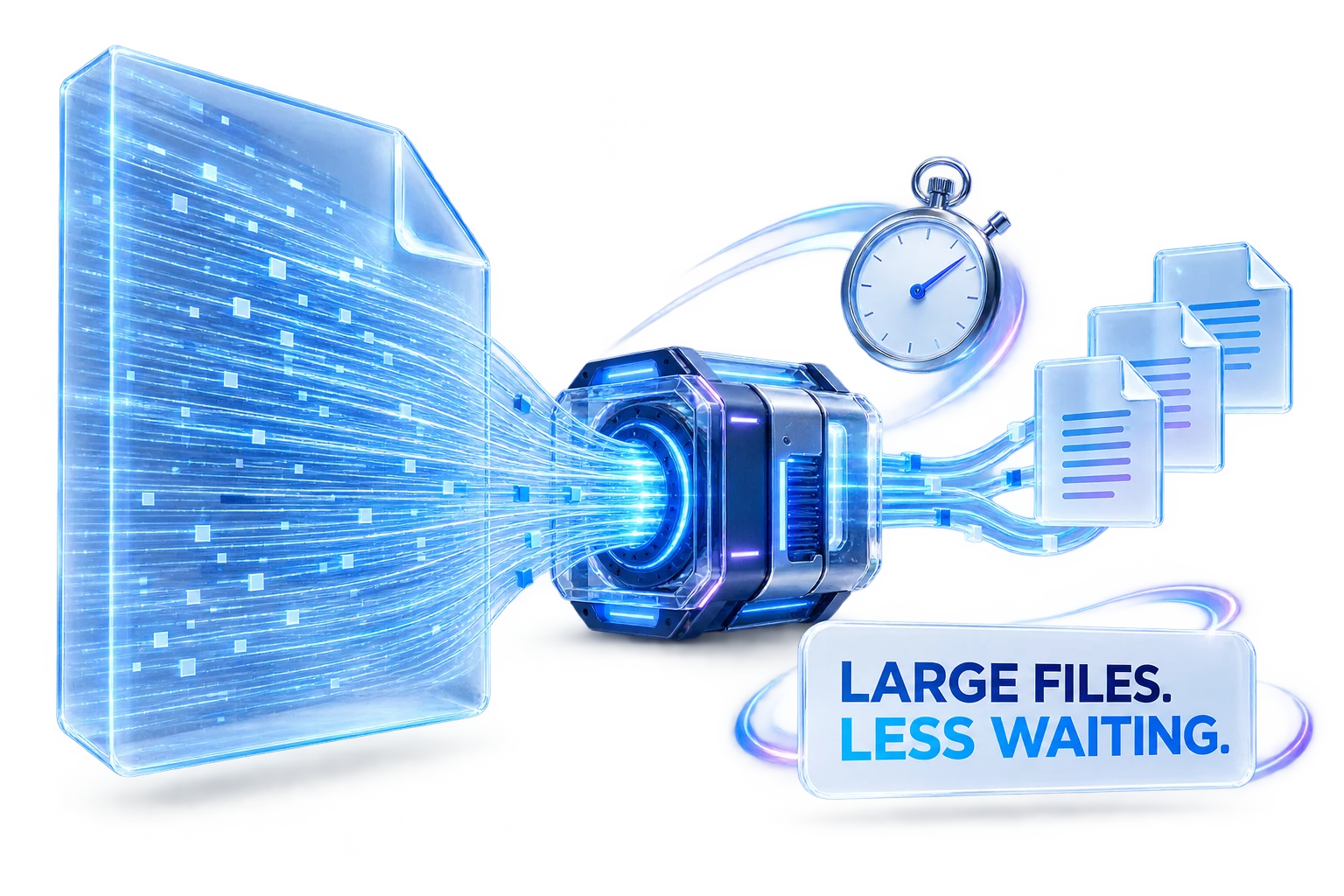 Illustration of a large file flowing through a processing engine into organized outputs, captioned Large files. Less waiting.